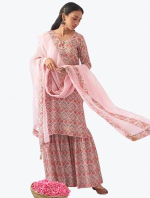 Pastel Pink Muslin Floral Printed Readymade Sharara Suit FABSL21177