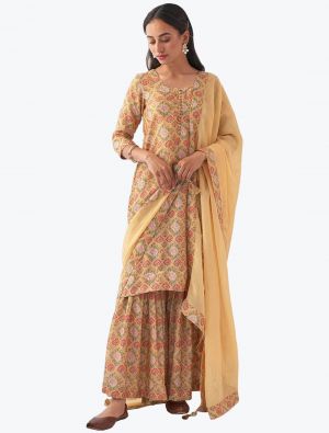 Pastel Yellow Muslin Floral Printed Readymade Sharara Suit FABSL21178
