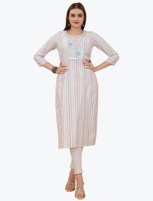 striped white premium cotton embroidered kurti fabku20657