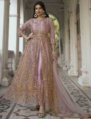 Baby Pink Butterfly Net Semi Stitched Anarkali Suit small FABSL21304