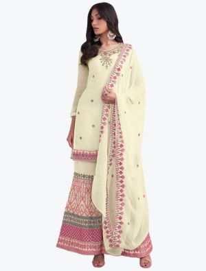 Bright Cream Pure Georgette Embroidered Sharara Suit small FABSL21266
