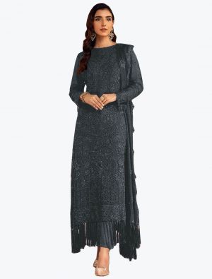 Dark Grey Faux Georgette Embroidered Pakistani Suit small FABSL21273