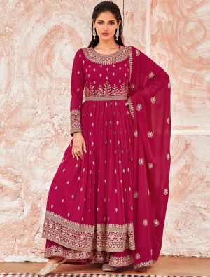 Dark Pink Faux Georgette Embroidered Sharara Suit small FABSL21275