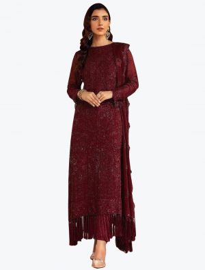 Deep Maroon Faux Georgette Embroidered Pakistani Suit small FABSL21268