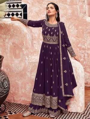 Deep Purple Faux Georgette Embroidered Sharara Suit small FABSL21277