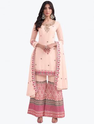 Light Peach Pure Georgette Embroidered Sharara Suit small FABSL21265