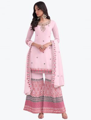 Light Pink Pure Georgette Embroidered Sharara Suit small FABSL21267
