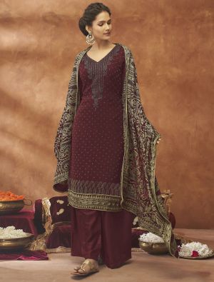 Maroon Georgette Semi Stitched Embroidered Palazzo Suit thumbnail FABSL21308