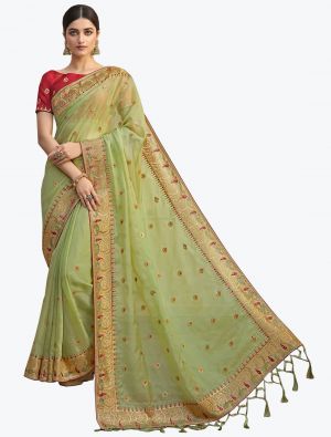 Olive Green Art Silk Embroidered Saree With Hand Work