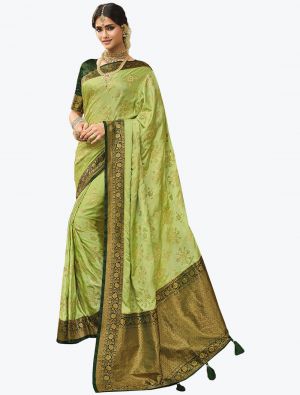 Olive Green Satin Silk Woven Designer Saree