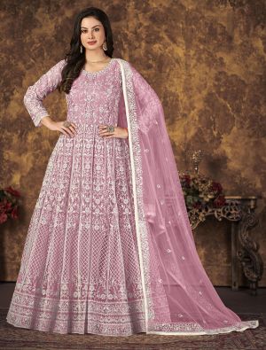 Pink Net Anarkali Suit With Thread Embroidery Work small FABSL21279