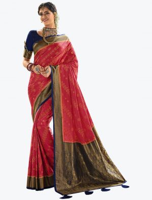 Reddish Pink Satin Silk Woven Designer Saree