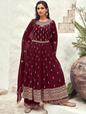 Rich Maroon Faux Georgette Embroidered Sharara Suit small FABSL21278