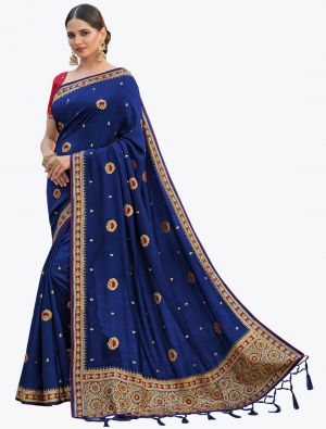 Royal Blue Art Silk Embroidered Saree With Hand Work