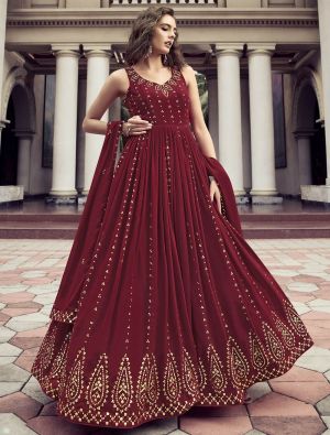 royal maroon premium georgette designer gown with dupatta small fabgo20155