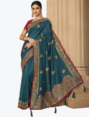 Teal Blue Art Silk Embroidered Saree With Hand Work