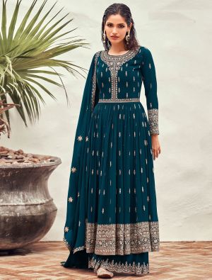 Teal Blue Faux Georgette Embroidered Sharara Suit small FABSL21274