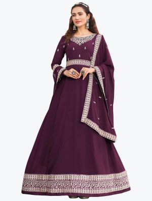 Wine Faux Georgette Anarkali Suit With Dori Embroidery small FABSL21319
