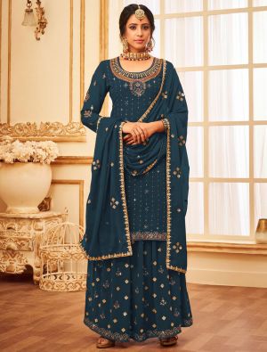 Blue Faux Georgette Sharara Suit With Sequins Work small FABSL21337