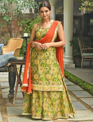 Green Cotton Floral Printed Readymade Palazzo Suit FABSL21369