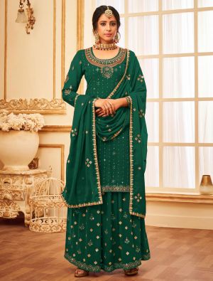 Green Faux Georgette Sharara Suit With Sequins Work small FABSL21339
