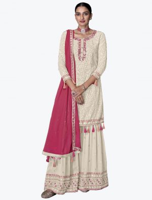Off White Faux Georgette Sharara Suit With Thread Work small FABSL21335