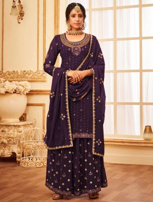 Purple Faux Georgette Sharara Suit With Sequins Work small FABSL21340