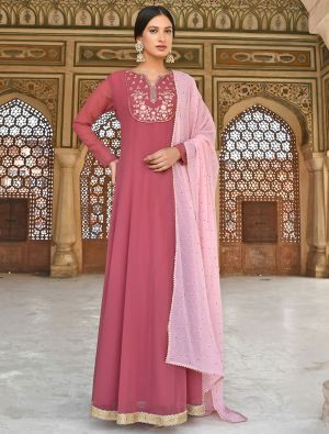 rose pink georgette readymade gown with dupatta fabgo20175