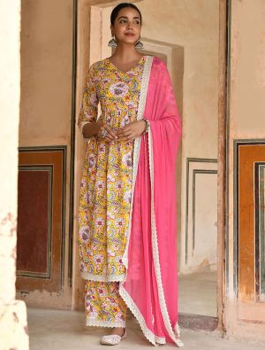 Yellow Cotton Floral Printed Readymade Palazzo Suit FABSL21371
