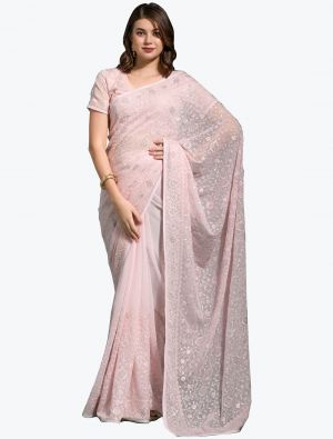 Baby Pink Blooming Georgette Embroidered Saree
