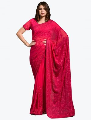 Bright Pink Blooming Georgette Embroidered Saree
