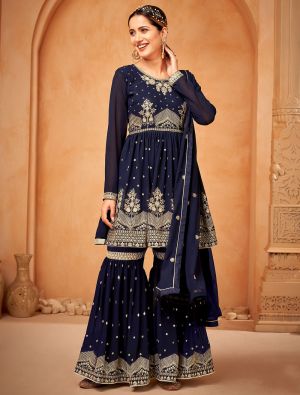 Dark Blue Georgette Sharara Suit With Thread Embroidery small FABSL21430