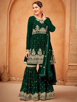 Dark Green Georgette Sharara Suit With Thread Embroidery small FABSL21428