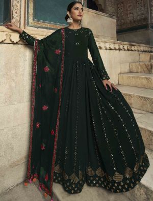 dark green pure georgette designer gown with dupatta swatch fabgo20190