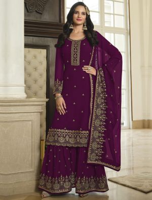 Dark Purple Georgette Sharara Suit With Thread And Sequin small FABSL21435