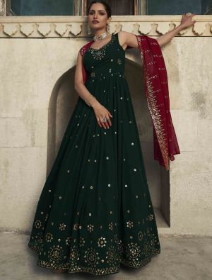 deep green pure georgette designer gown with dupatta small fabgo20189