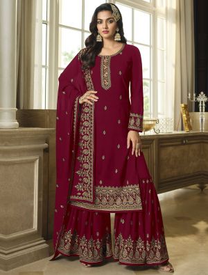Deep Maroon Georgette Sharara Suit With Thread And Sequin small FABSL21439