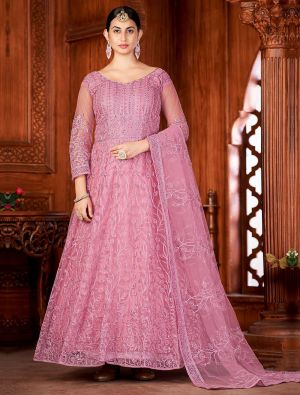 Dusty Pink Net Anarkali Suit With Embroidery Work small FABSL21417