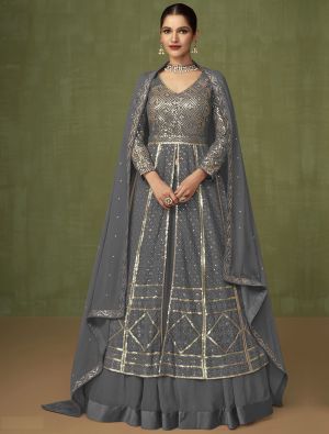 Grey Georgette Anarkali Suit With Thread And Sequin small FABSL21450