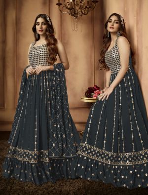 Grey Georgette Embroidered Party Wear Anarkali Suit small FABSL21420