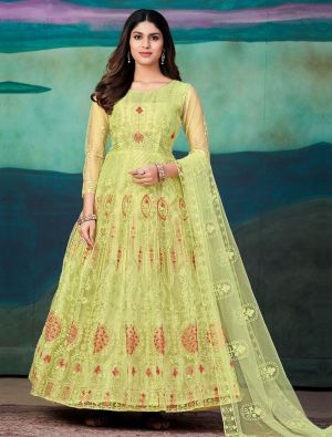 Lemon Yellow Net Anarkali Suit With Embroidery Work small FABSL21414