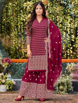 Maroon Georgette Embroidered Palazzo Suit small FABSL21397
