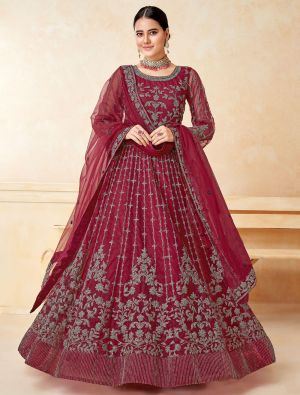 Maroon Net Anarkali Suit With Heavy Embroidery Work small FABSL21408