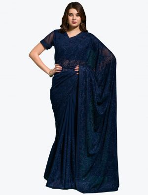 Navy Blue Blooming Georgette Embroidered Saree