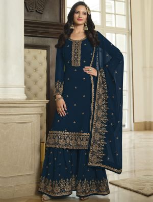 Navy Blue Georgette Sharara Suit With Thread And Sequin small FABSL21434