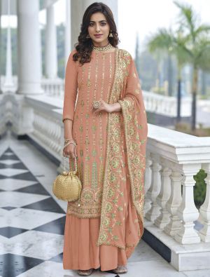 Peach Georgette Embroidered Palazzo Suit small FABSL21404