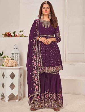 Plum Purple Georgette Sharara Suit With Multi Thread Work small FABSL21442