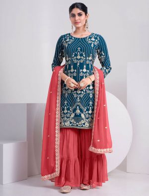 Teal Georgette Sharara Suit With Thread Work And Sequin small FABSL21425