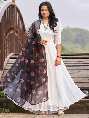 white faux georgette readymade gown with dupatta fabgo20185