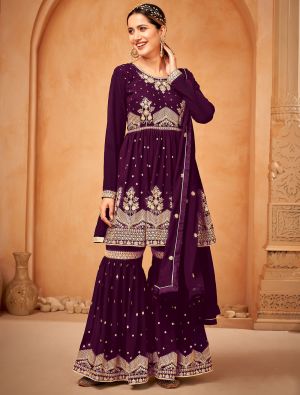 Wine Georgette Sharara Suit With Thread Embroidery small FABSL21429